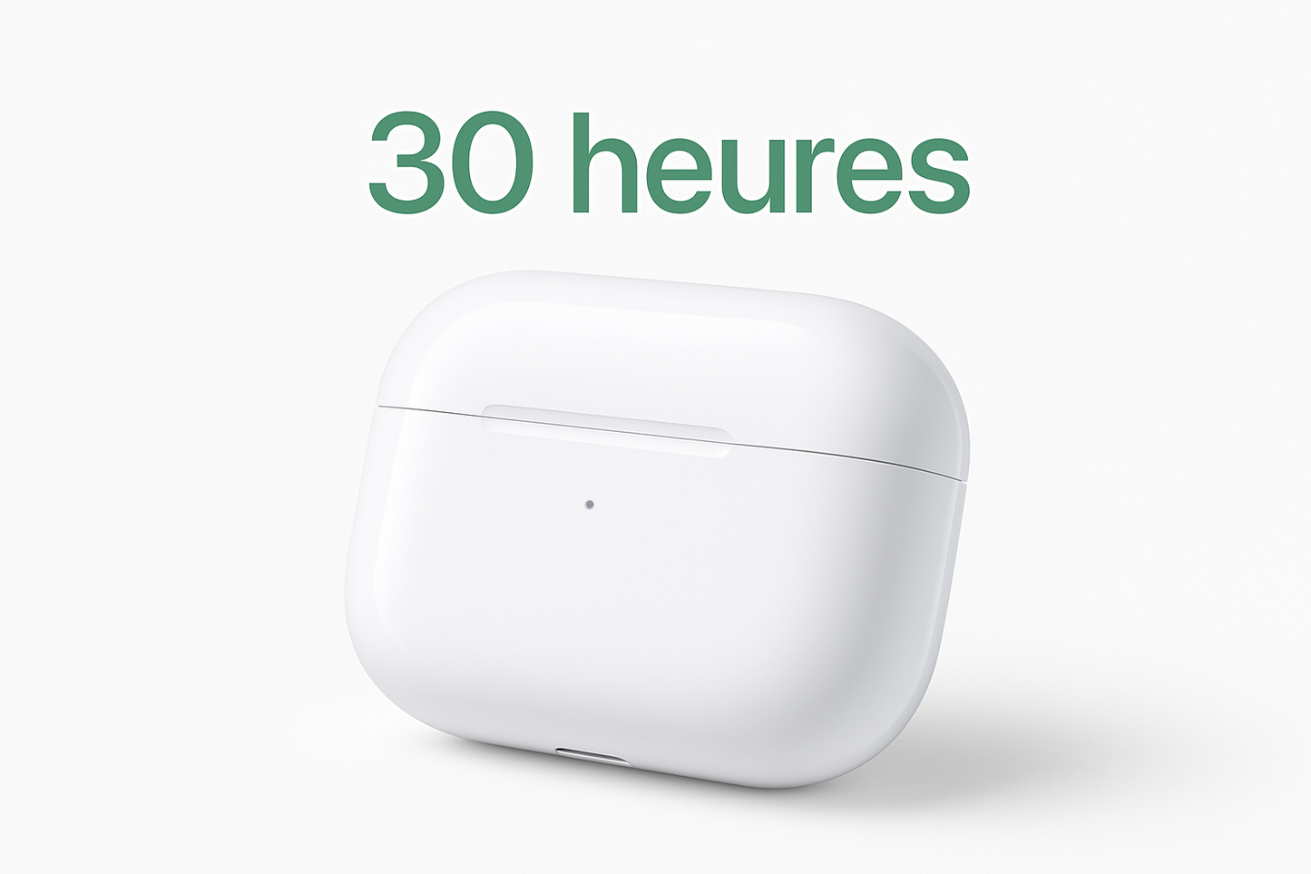 peut tu me crée une image du boitier des airpods pro avec ecrit en vert quil ont une durée de 30h sur fond blanc