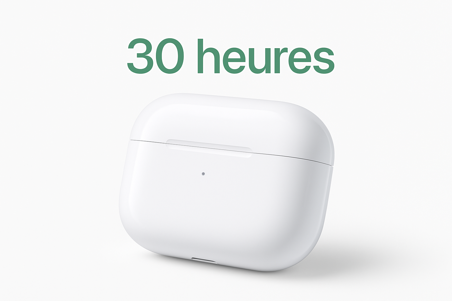 peut tu me crée une image du boitier des airpods pro avec ecrit en vert quil ont une durée de 30h sur fond blanc 