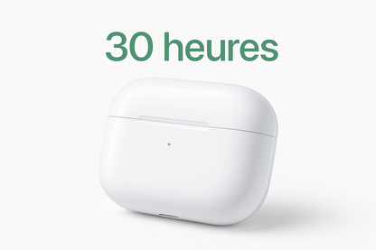 peut tu me crée une image du boitier des airpods pro avec ecrit en vert quil ont une durée de 30h sur fond blanc 